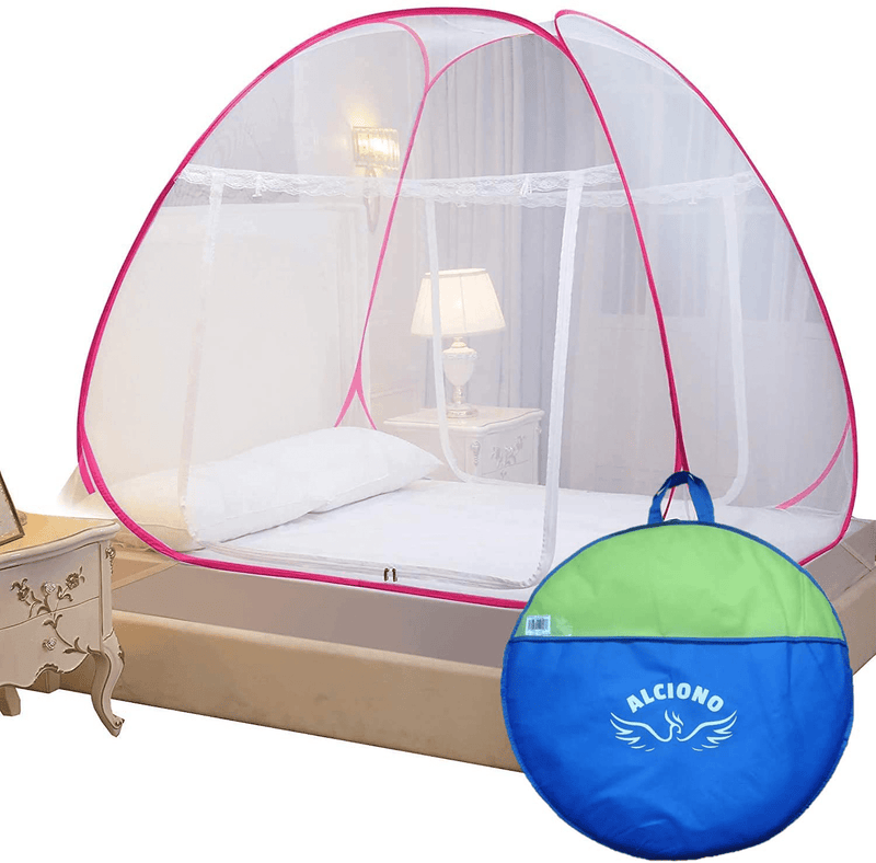 ALCIONO Pop-Up Double Bed Mosquito Net Tent for Beds Folding Polyester, Double Bed King Size (200X200X145 Cm) - Pink