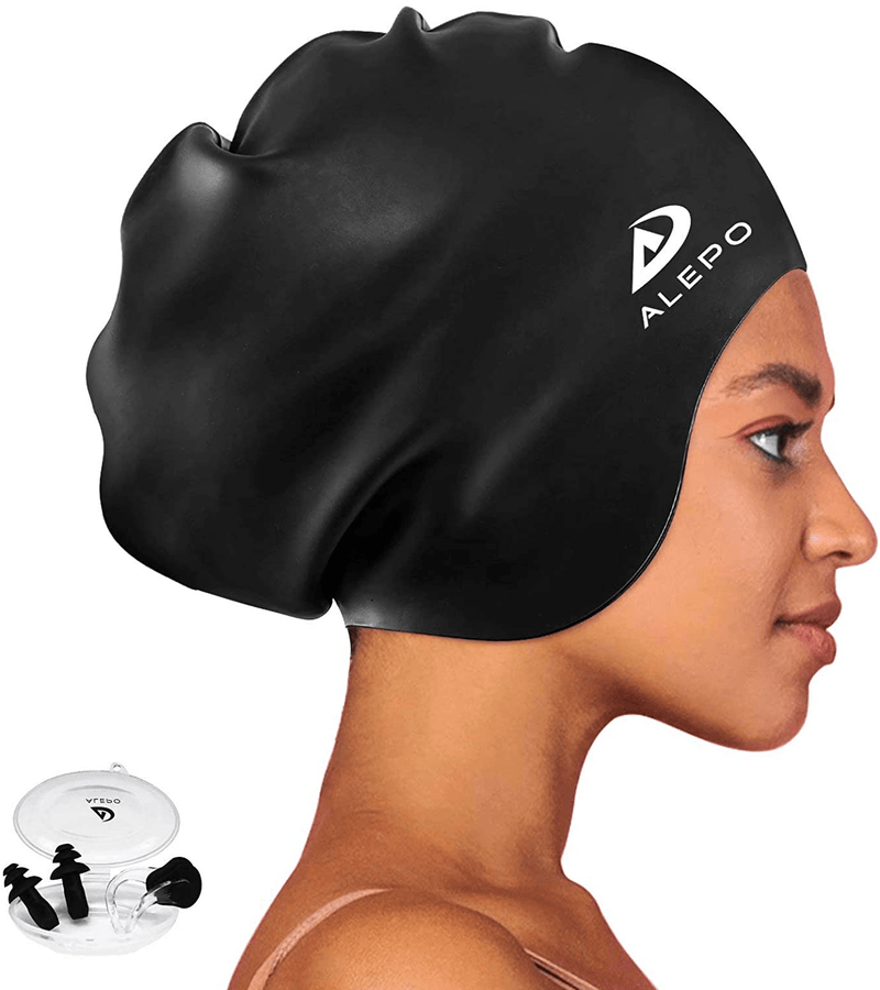 Alepo Extra Large Swim Cap for Women Men, Durable Silicone Swimming Hat with Ear Protection, Unisex Adults Bath Swimming Caps for Long Thick Curly Hair & Dreadlocks Braids Weaves Afro Hair Sporting Goods > Outdoor Recreation > Boating & Water Sports > Swimming > Swim Caps Alepo Black  