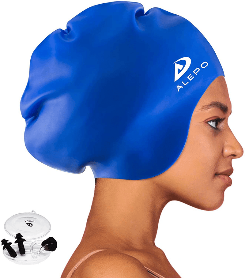 Alepo Extra Large Swim Cap for Women Men, Durable Silicone Swimming Hat with Ear Protection, Unisex Adults Bath Swimming Caps for Long Thick Curly Hair & Dreadlocks Braids Weaves Afro Hair Sporting Goods > Outdoor Recreation > Boating & Water Sports > Swimming > Swim Caps Alepo Blue  