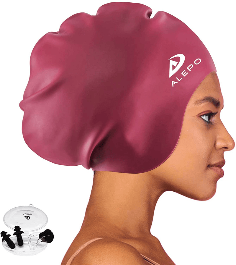 Alepo Extra Large Swim Cap for Women Men, Durable Silicone Swimming Hat with Ear Protection, Unisex Adults Bath Swimming Caps for Long Thick Curly Hair & Dreadlocks Braids Weaves Afro Hair Sporting Goods > Outdoor Recreation > Boating & Water Sports > Swimming > Swim Caps Alepo Burgundy  