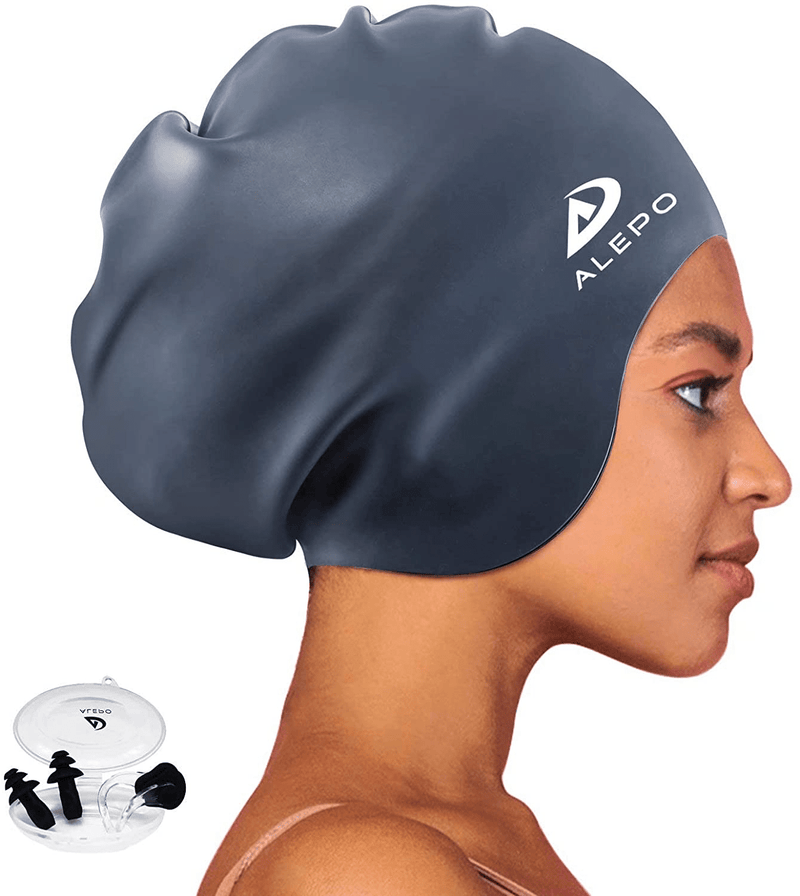 Alepo Extra Large Swim Cap for Women Men, Durable Silicone Swimming Hat with Ear Protection, Unisex Adults Bath Swimming Caps for Long Thick Curly Hair & Dreadlocks Braids Weaves Afro Hair Sporting Goods > Outdoor Recreation > Boating & Water Sports > Swimming > Swim Caps Alepo Dark Gray  