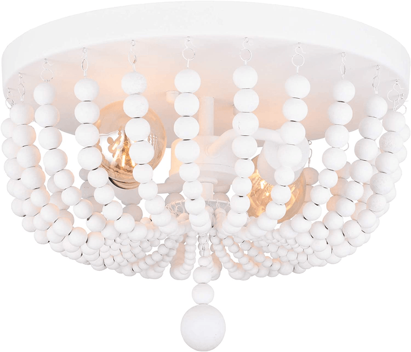 ALICE HOUSE 14.1" Flush Mount Ceiling Light, 2 Lights Wood Beaded Chandelier, White Farmhouse Ceiling Light for Entryway, Hallway, Bedroom and Stairway AL9031-S2