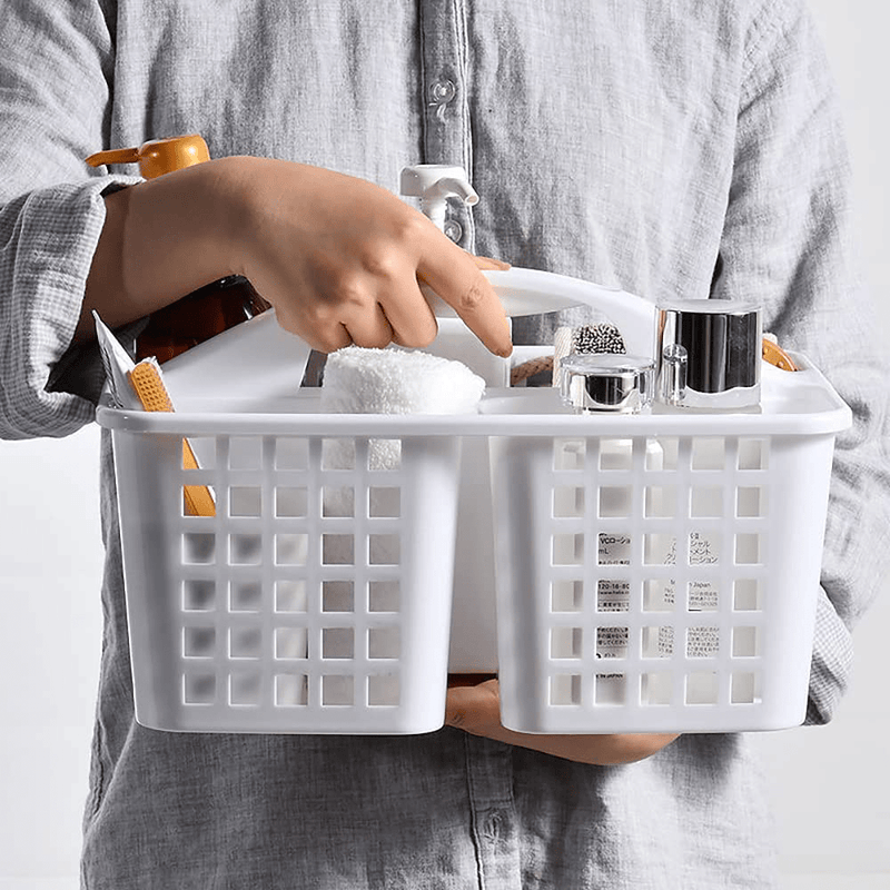 ALINK Plastic Shower Caddy Basket with Compartments, Portable Divided Cleaning Supply Storage Organizer with Handle for College Dorm Bathroom - White