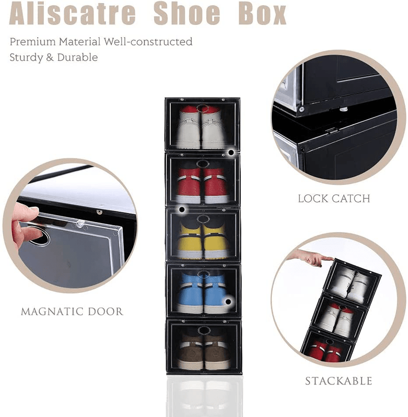 Aliscatre Shoe Box, Set of 6, Stackable Clear Plastic Shoe Box, Drop Front Shoe Box with Lids, Shoe Storage Box and Shoe Organizer Containers for Sneaker Display, Fit up to US Size 12(13.4”X 9.8”X 7.1”) Furniture > Cabinets & Storage > Armoires & Wardrobes Aliscatre   