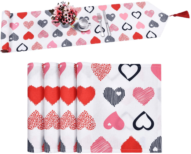 Alishomtll Valentine'S Day Table Runner with 4 Placemats Hearts Collage Table Runner Set Checkered Heart Table Mats Set for Valentine, Wedding Party, Gift, Decor Home & Garden > Decor > Seasonal & Holiday Decorations Alishomtll   