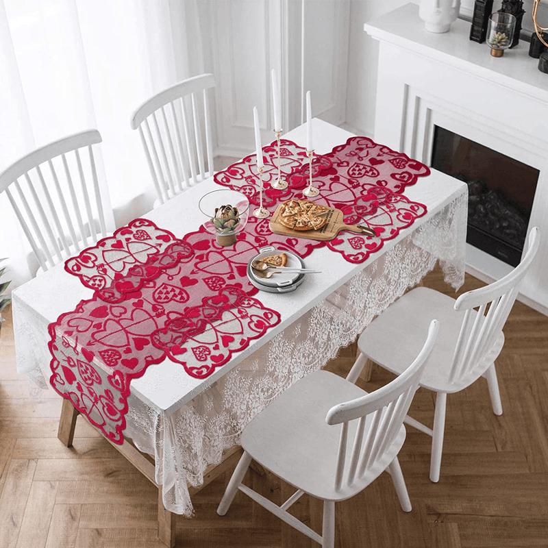 Alishomtll Valentine'S Day Table Runner with 4 Placemats, Lace Table Runner Set, Red Love Heart Lace Festival Table Mats Set for Wedding Party, Valentines Decorations, Gift, Decor Home & Garden > Decor > Seasonal & Holiday Decorations Alishomtll   