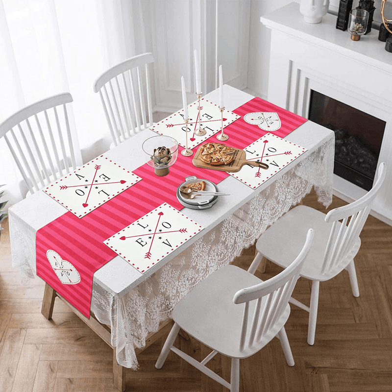 Alishomtll Valentine'S Day Table Runner with 4 Placemats, Pink Striped Table Runner Set, Love Arrow Printed Table Mats Set for Mother'S Day, Party, Gift, Decor Home & Garden > Decor > Seasonal & Holiday Decorations Alishomtll   
