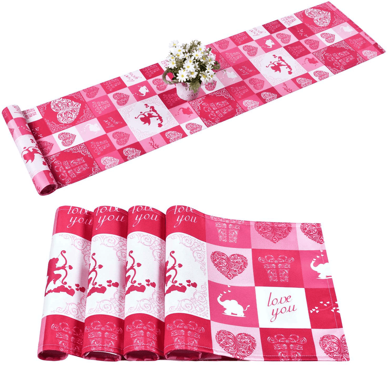 Alishomtll Valentine'S Day Table Runner with 4 Placemats Rose Pink Table Runner Set Cupid Heart Waterproof Table Mats Set for Valentine, Wedding Party, Gift, Decor Home & Garden > Decor > Seasonal & Holiday Decorations Alishomtll   