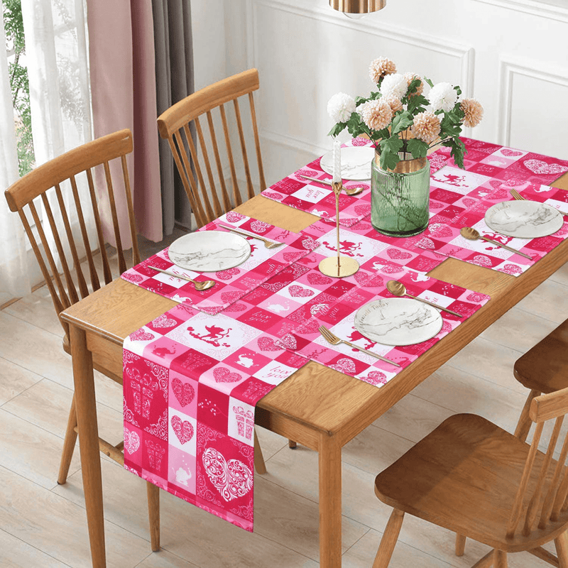 Alishomtll Valentine'S Day Table Runner with 4 Placemats Rose Pink Table Runner Set Cupid Heart Waterproof Table Mats Set for Valentine, Wedding Party, Gift, Decor Home & Garden > Decor > Seasonal & Holiday Decorations Alishomtll   