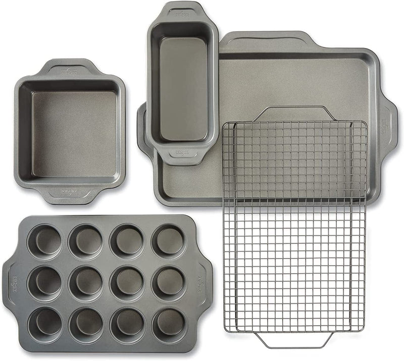 All-Clad Pro-Release Nonstick Bakeware Set Including Half Sheet, Cookie Sheet, Muffin Pan, Cooling & Baking Rack, round Cake Pan, Loaf Pan, 10 Piece, Gray Home & Garden > Kitchen & Dining > Cookware & Bakeware All-Clad 5-Piece  