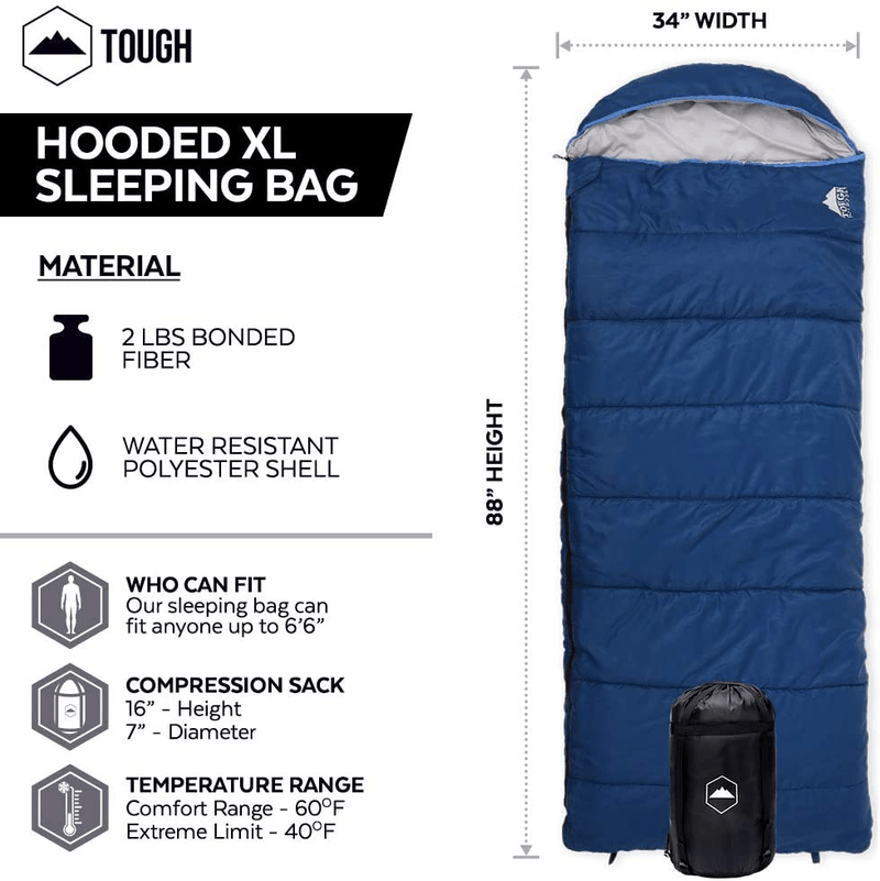 All Season XL Sleeping Bag for Big and Tall Adults - Ideal for Warm/Cold Weather Camping and Hiking - Wide, Oversized & Waterproof Hooded Sleeping Bag with Free Compression Sack Sporting Goods > Outdoor Recreation > Camping & Hiking > Sleeping Bags Tough Outdoors   