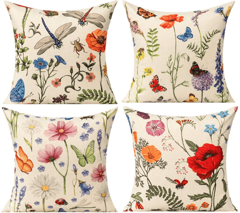 All Smiles Outdoor Patio Throw Pillow Covers Summer Spring Garden Flowers Farmhouse Décor outside Furniture Swing Seat Bench Chair Decorative Cushion Cases 18X18 Set of 4 for Deep Seat Bed Couch Sofa