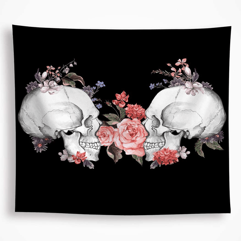 All Smiles Skull Tapestry Halloween Black & White Wall Hanging Flowers Skeleton Décor 59"x51" Kissing Goth Wall Art Halloween Decoration for Living Room Bedroom Dorm Home & Garden > Decor > Seasonal & Holiday Decorations All Smiles Skulls And Rose 82.6"x59" 