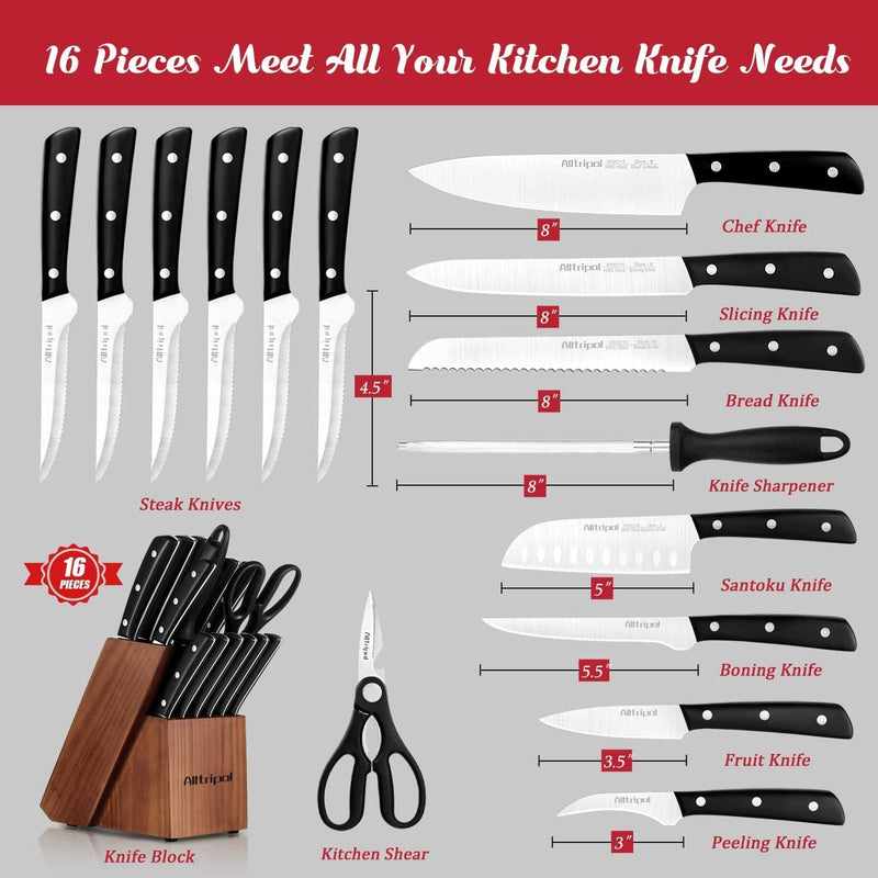 Alltripal Kitchen Knife Set with Wooden Block, 16 Pieces Knives Set with Sharpener, Premium German Stainless Steel Knife Block Set with Japanese Designed Pom Handle, Kitchen Shear & 6 Steak Knives Home & Garden > Kitchen & Dining > Kitchen Tools & Utensils > Kitchen Knives Alltripal   