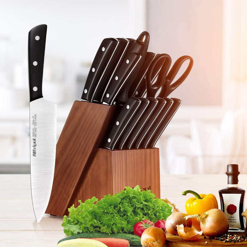 Alltripal Kitchen Knife Set with Wooden Block, 16 Pieces Knives Set with Sharpener, Premium German Stainless Steel Knife Block Set with Japanese Designed Pom Handle, Kitchen Shear & 6 Steak Knives
