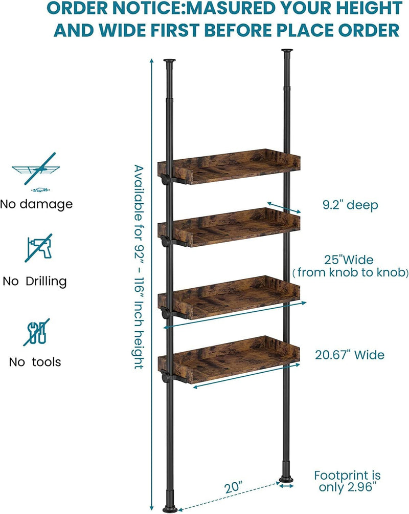 ALLZONE Bathroom Organizer, over the Toilet Storage, 4-Tier Adjustable Wood Shelves for Small Rooms, Saver Space Rack, 92 to 116 Inch Tall, Narrow Cabinet, Rustic Brown