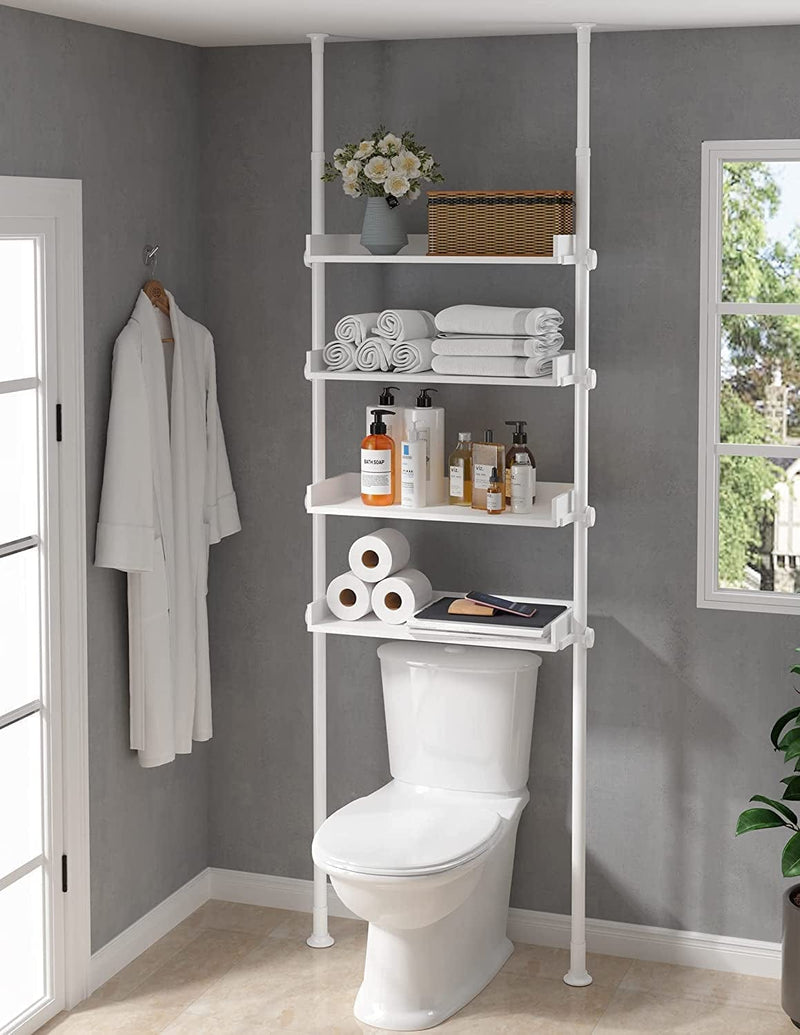 ALLZONE Bathroom Organizer, over the Toilet Storage, 4-Tier Adjustable Wood Shelves for Small Rooms, Saver Space Rack, 92 to 116 Inch Tall, Narrow Cabinet, Rustic Brown