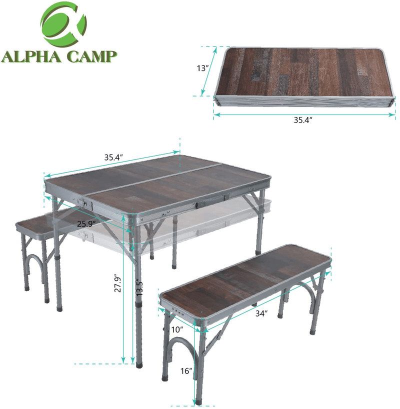 ALPHA CAMP 3-Piece Folding Camping Table with Bench Set,4Ft Adjustable Aluminum Table,Portable Picnic Table with Double Handle,Outdoor Table for Camp Beach Party, Camping Table with 2 Chairs, 20.1Lbs Sporting Goods > Outdoor Recreation > Camping & Hiking > Camp Furniture ALPHA CAMP   