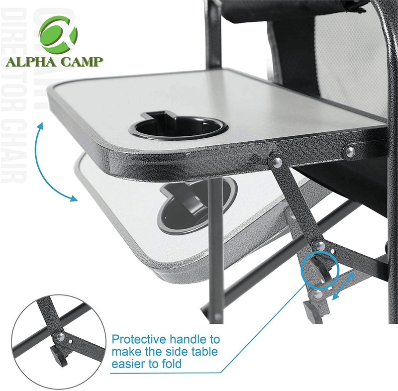 ALPHA CAMP Oversized Camping Director Chair Heavy Duty Frame Collapsible Recliner with Side Table, Supports 300 Lbs