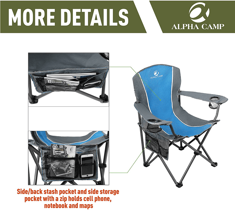 ALPHA CAMP Oversized Camping Folding Chair Heavy Duty Steel Frame Support 350 LBS Collapsible Padded Arm Chair with Cup Holder Quad Lumbar Back Chair Portable for Outdoor/Indoor