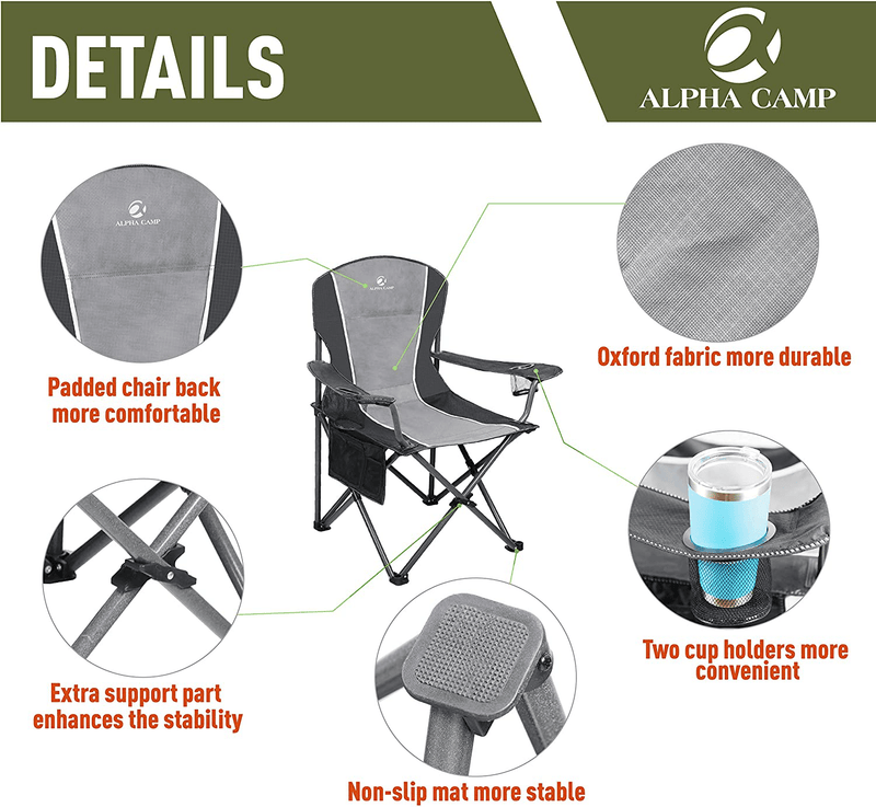 ALPHA CAMP Oversized Camping Folding Chair Heavy Duty Steel Frame Support 350 LBS Collapsible Padded Arm Chair with Cup Holder Quad Lumbar Back Chair Portable for Outdoor/Indoor