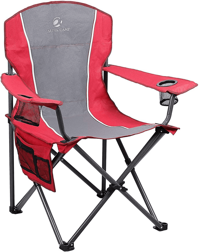ALPHA CAMP Oversized Camping Folding Chair Heavy Duty Steel Frame Support 350 LBS Collapsible Padded Arm Chair with Cup Holder Quad Lumbar Back Chair Portable for Outdoor/Indoor Sporting Goods > Outdoor Recreation > Camping & Hiking > Camp Furniture ALPHA CAMP Red Grey  