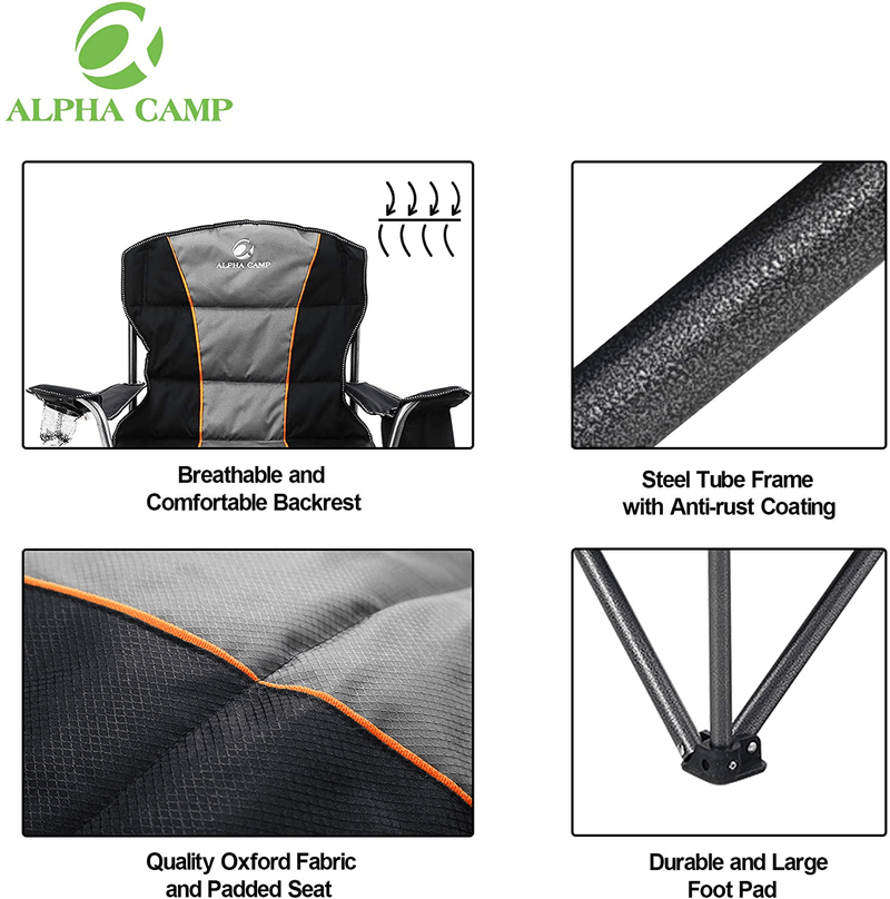 ALPHA CAMP Oversized Heavy Duty Padded Outdoor Folding Camping Chair with Cup Holder Storage and Cooler Bag, 450 LBS Weight Capacity, Thicken 600D Oxford, Black Sporting Goods > Outdoor Recreation > Camping & Hiking > Camp Furniture ALPHA CAMP   