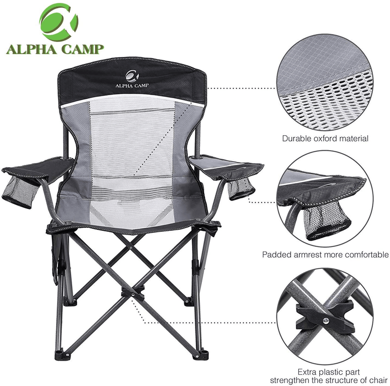 ALPHA CAMP Oversized Mesh Back Camping Folding Chair Heavy Duty Support 350 LBS Collapsible Steel Frame Quad Chair Padded Arm Chair with Cup Holder Portable for Outdoor Sporting Goods > Outdoor Recreation > Camping & Hiking > Camp Furniture ALPHA CAMP   