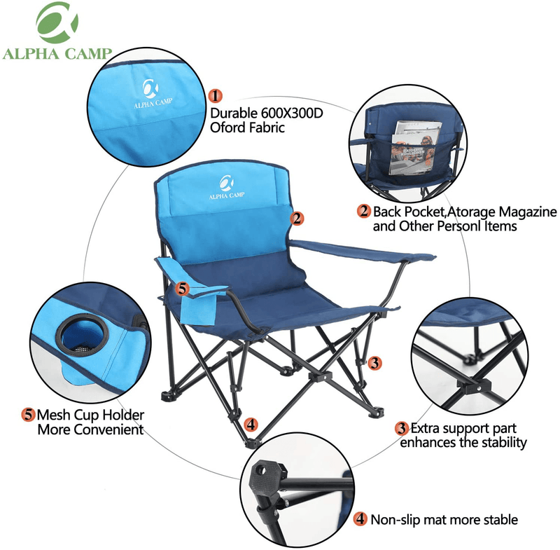 ALPHA CAMP Portable Camping Chair Quad Folding Chair Support 300 LBS Steel Frame Collapsible Chair with Cup Holder for Outdoor