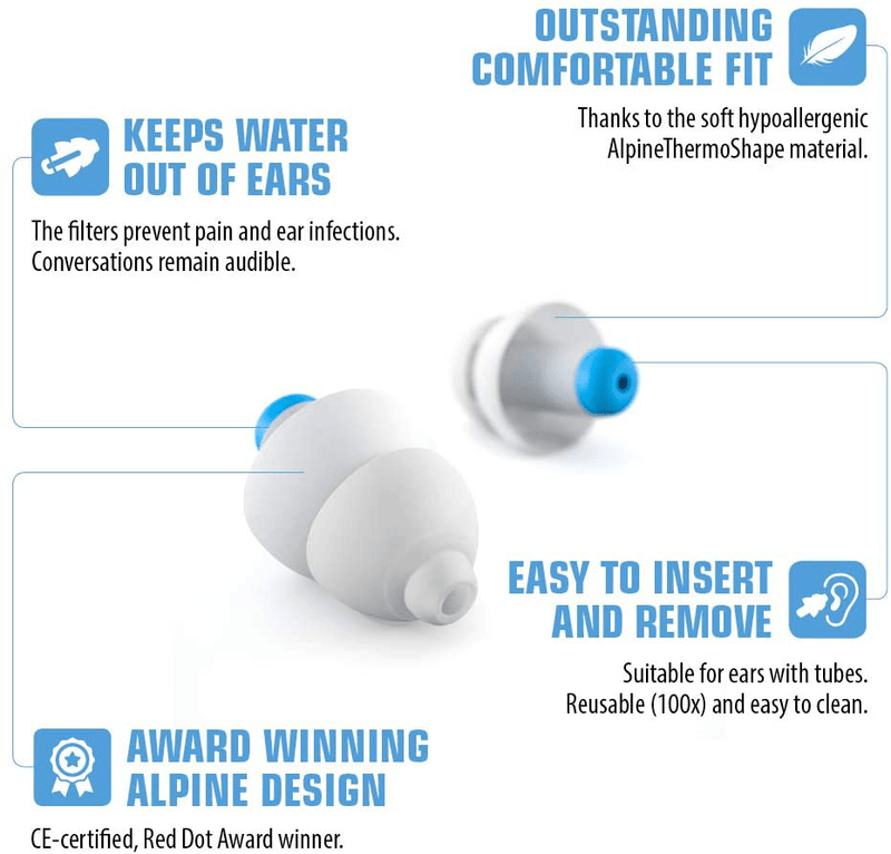 Alpine SwimSafe Reusable Swimming Ear Plugs – Comfortable Waterproof Filter Earplugs for Adults - Block Water and Prevents Swimmer’s Ear - Hypoallergenic Hearing Protection for Surfing and Showering