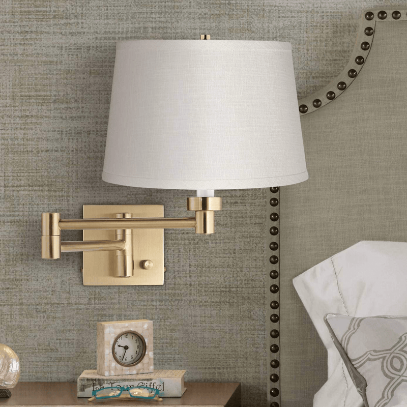 Alta Indoor Swing Arm Wall Mounted Lamp Warm Antique Brass Plug-In Light Fixture Dimmable White Linen Drum Shade Bedroom Bedside House Reading Living Room Home Hallway Dining - Barnes and Ivy Home & Garden > Lighting > Lighting Fixtures > Wall Light Fixtures KOL DEALS   