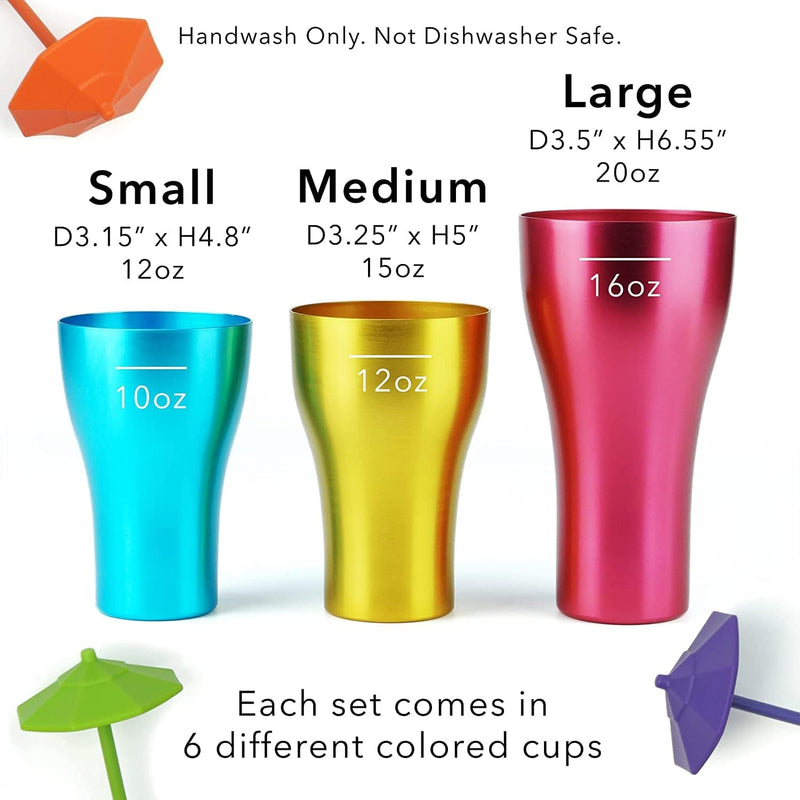 Aluminum Beverage Glasses, Set of 6, Different Color, for Children and Adults, Travelling Glasses, Party Glasses, Stackable 12Oz (Small)