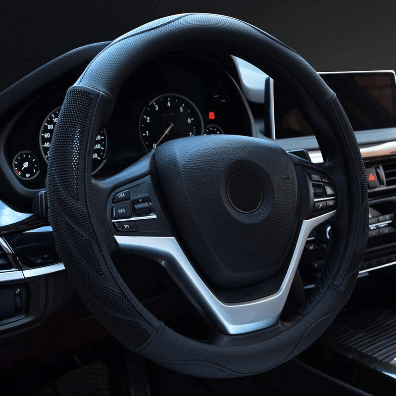 Alusbell Microfiber Leather Steering Wheel Cover Breathable Auto Car Steering Wheel Cover for Men Universal 15 Inches Black Vehicles & Parts > Vehicle Parts & Accessories > Vehicle Maintenance, Care & Decor > Vehicle Decor > Vehicle Steering Wheel Covers Alusbell Black Large Size(15.5"-16") 