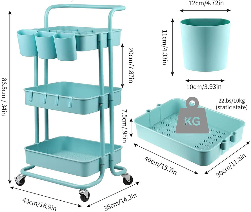 Alvorog 3-Tier Rolling Utility Cart Storage Shelves Multifunction Storage Trolley Service Cart with Mesh Basket Handles and Wheels Easy Assembly for Bathroom, Kitchen, Office (Blue) Home & Garden > Household Supplies > Storage & Organization ALVOROG   