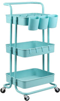 Alvorog 3-Tier Rolling Utility Cart Storage Shelves Multifunction Storage Trolley Service Cart with Mesh Basket Handles and Wheels Easy Assembly for Bathroom, Kitchen, Office (Blue)