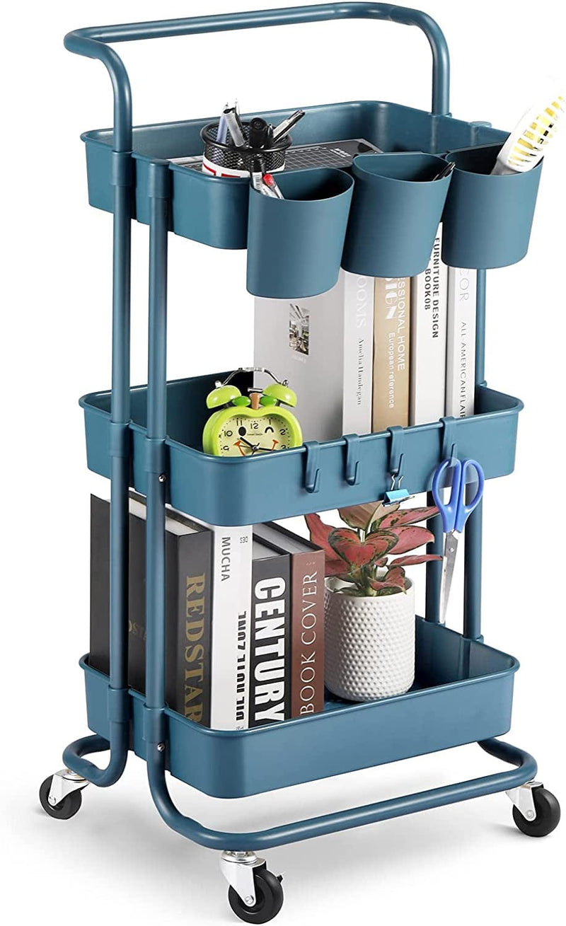 Alvorog 3-Tier Rolling Utility Cart Storage Shelves Multifunction Storage Trolley Service Cart with Mesh Basket Handles and Wheels Easy Assembly for Bathroom, Kitchen, Office (Blue)