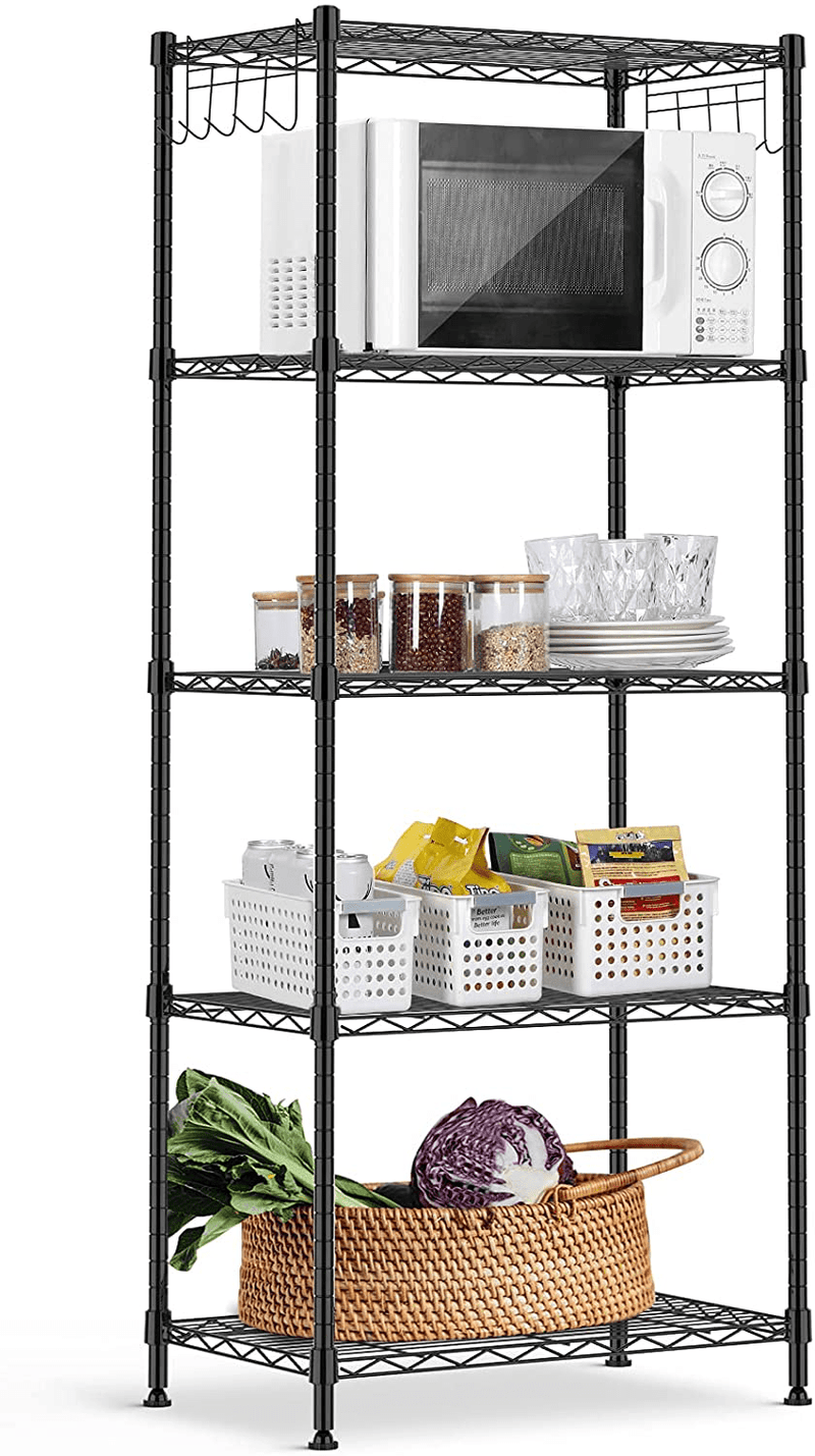 ALVOROG 5-Shelf Shelving Storage Unit Heavy Duty Metal Organizer Wire Rack with Leveling Feet and Hooks Adjustable Shelves for Bathroom Kitchen Garage (23.2Lx13.4Wx59.1H) Home & Garden > Kitchen & Dining > Food Storage ALVOROG   