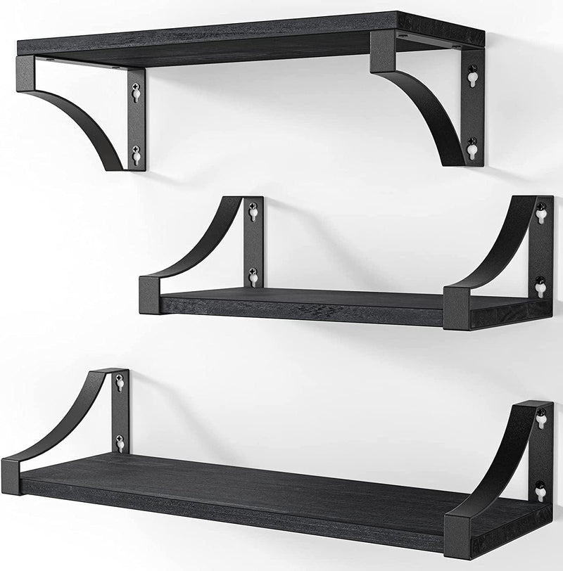 AMADA HOMEFURNISHING Floating Shelves Wall Mounted Set of 3, Rustic Wood Wall Shelves for Bedroom, Bathroom, Living Room, Kitchen, Laundry Room Storage & Decoration, Gray Furniture > Shelving > Wall Shelves & Ledges AMADA HOMEFURNISHING Black  