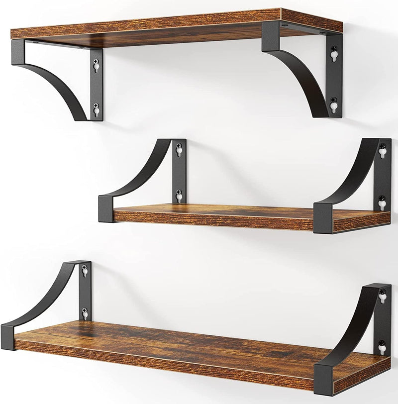 AMADA HOMEFURNISHING Floating Shelves Wall Mounted Set of 3, Rustic Wood Wall Shelves for Bedroom, Bathroom, Living Room, Kitchen, Laundry Room Storage & Decoration, Gray Furniture > Shelving > Wall Shelves & Ledges AMADA HOMEFURNISHING Rustic Brown  