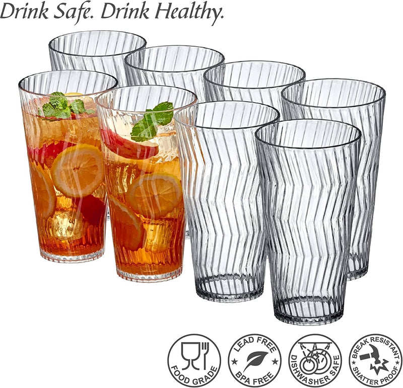 Amazing Abby - Stream - 24-Ounce Plastic Tumblers (Set of 8), Plastic Drinking Glasses, All-Clear High-Balls, Reusable Plastic Cups, Stackable, Bpa-Free, Shatter-Proof, Dishwasher-Safe