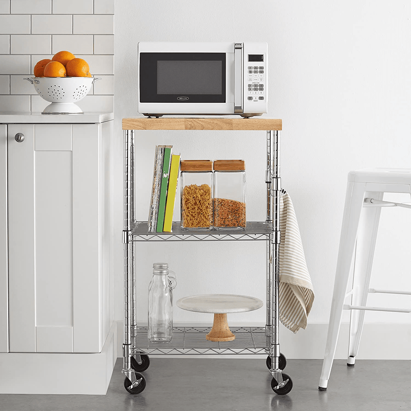 Amazon Basics Kitchen Storage Microwave Rack Cart on Caster Wheels, Adjustable Shelves, 175-Pound Capacity - Chrome/Wood Home & Garden > Kitchen & Dining > Food Storage 50 Pounds   