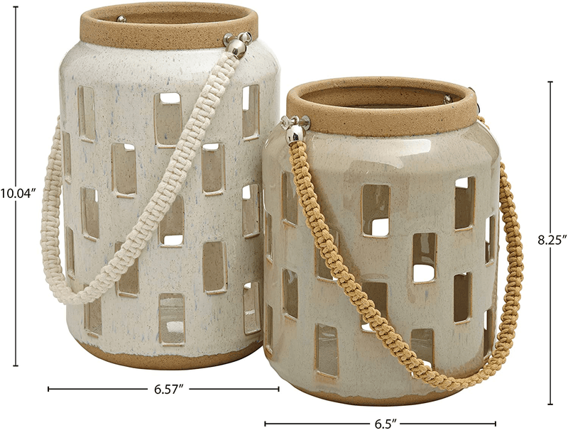 Amazon Brand – Rivet Modern Cylindrical Stoneware Candle Holder Lantern Home Decor Set - Set of 2, Gray and Cream