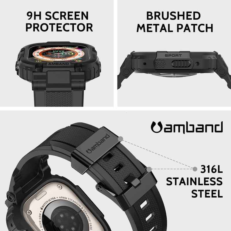Amband Bands Case Screen Protector Compatible with Apple Watch Ultra 49Mm, M1 Sport Series Rugged Cover Strap and 2 Pack Tempered Glass Film, Military Protective Bumper for Iwatch 49 Mm Men Black Sporting Goods > Outdoor Recreation > Winter Sports & Activities amBand   