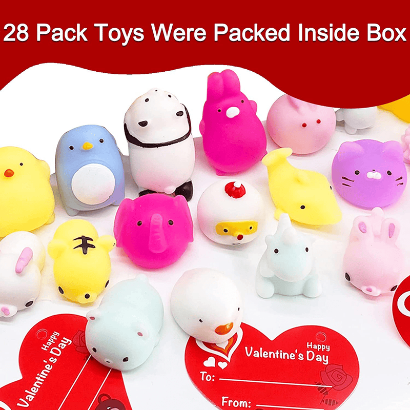 AMENON 28 Pack Hearts Filled 28 Pack Animal Squeeze Toys Bear with Valentines Exchange Cards- Class Valentines Day Gifts Bulk Valentine Favors for Kids Stress Relief Toys Prizes Classroom