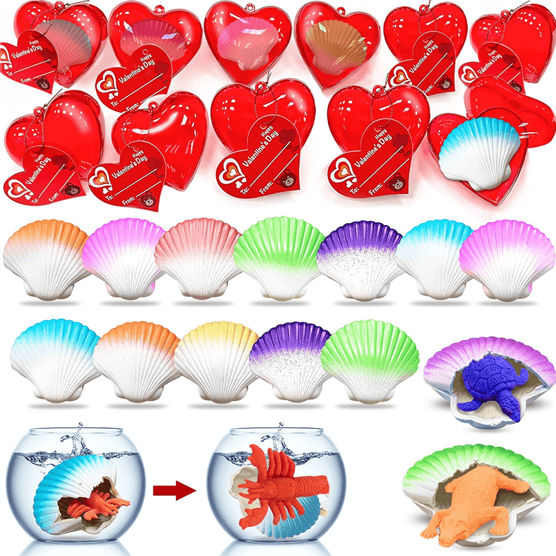 AMENON 28 Pack Kids Valentines Day Gift, Hatching Growing in Water Sea Animal Toys Filled Hearts with Valentines Day Cards Classroom Exchange Valentine Party Favor for Boys Girls Game Prizes