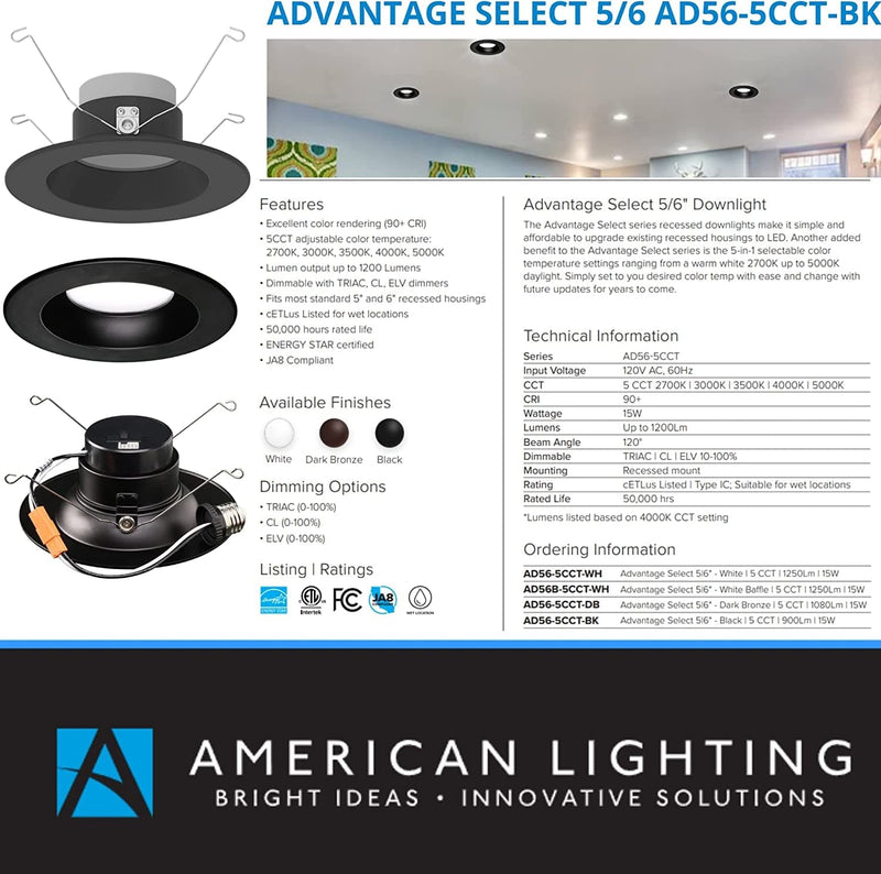 American Lighting ‎AD56-5CCT-BK;120 Volts, LED, 15 Watts, Advantage Select Dimmable Lighting Recessed Downlights; 5-CCT 2700K-5000K, 900Lm, 5/6 In.; 90CRI, Black for Commercial, Residential (2 Pack) Home & Garden > Pool & Spa > Pool & Spa Accessories American Lighting   