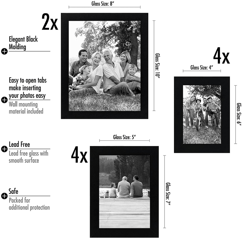 Americanflat 10-Piece Black Picture Frame Set | Includes Sizes 8x10, 5x7, and 4x6. Shatter-Resistant Glass. Hanging Hardware Included!