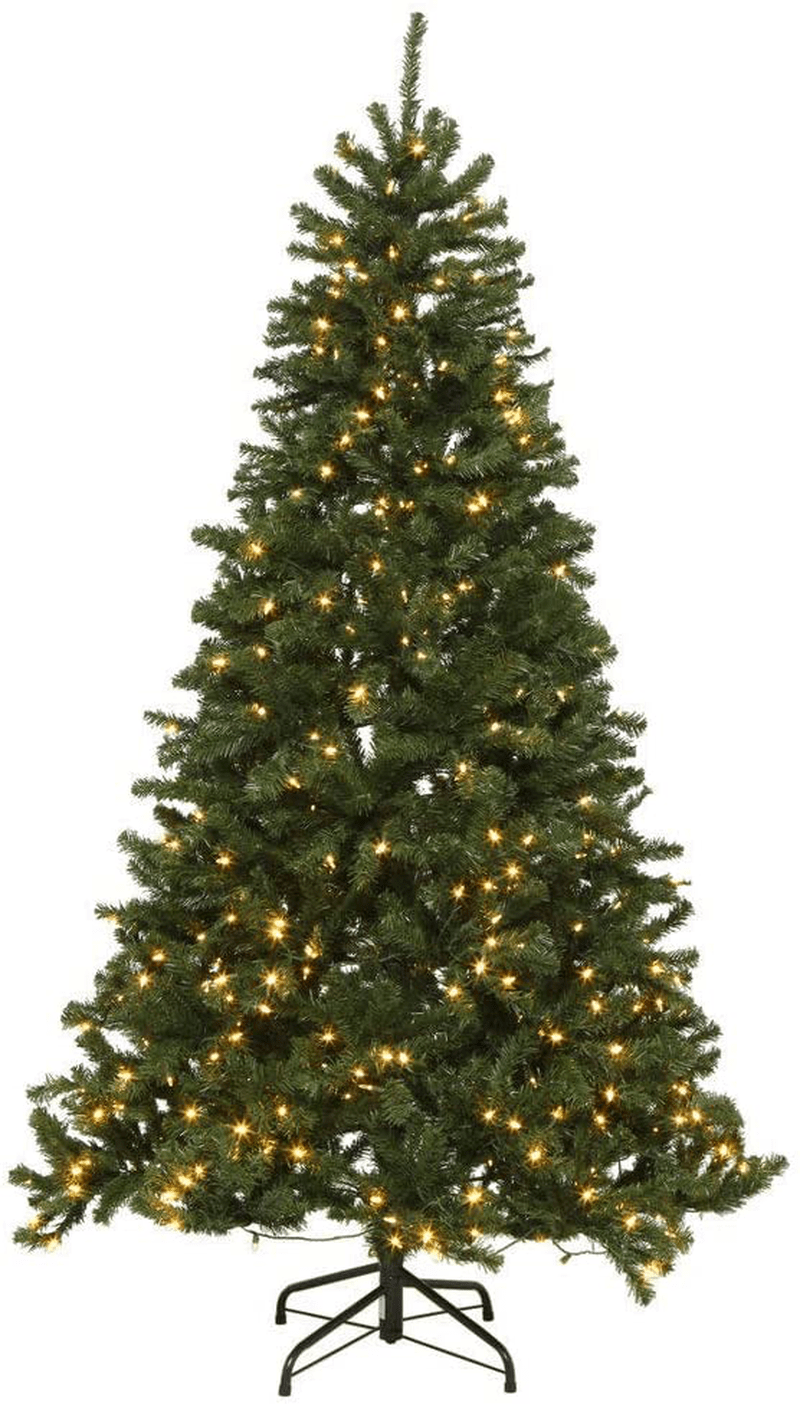 AMERIQUE 7' Eight-Function Multicolored and Warm White Pre-Lit Premium Artificial Green Christmas Tree with Metal Stand, Hinged Construction