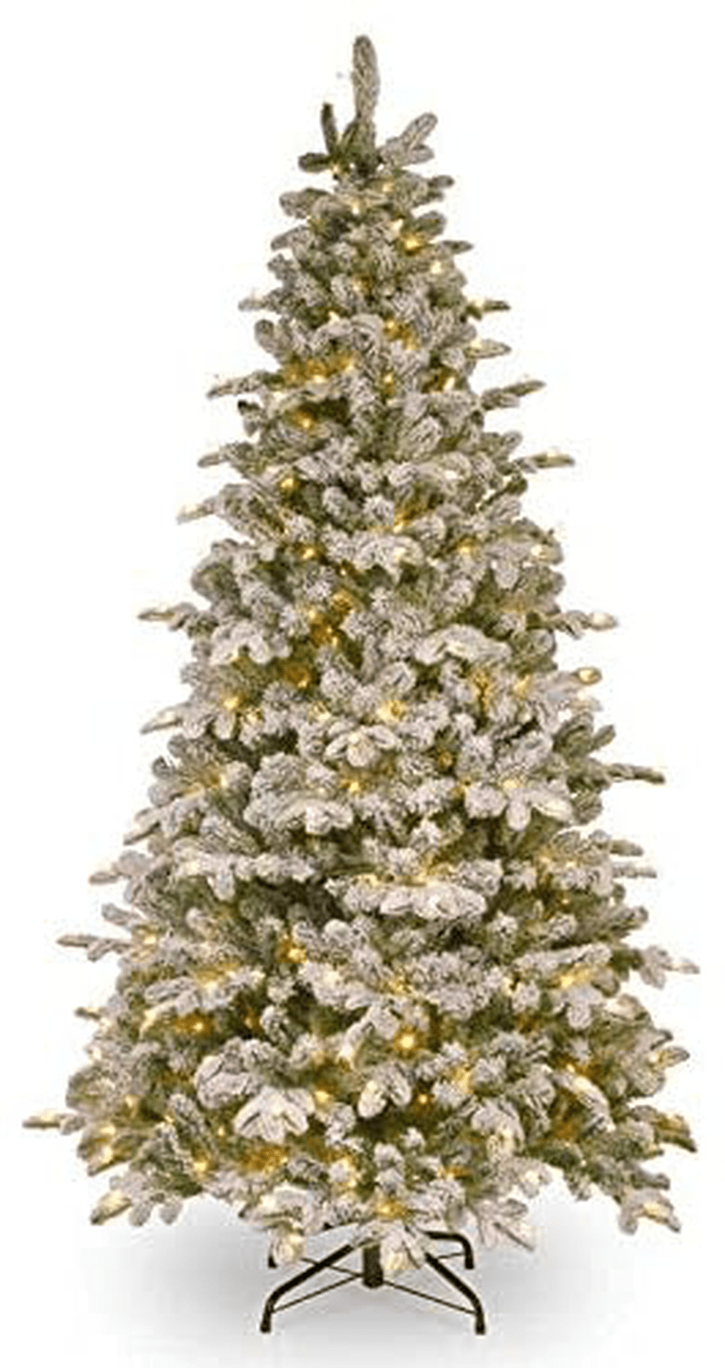 AMERIQUE 8' Eight-Function Multicolored and Warm Pre-Lit Premium Artificial Flocked Snowy Christmas Tree with Metal Stand, Hinged