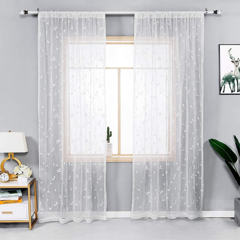 Amhoo 2 Panels Embroidered Leaf Pattern Semi Sheer Curtains Foliage Floral Voile Window Draperies Treatment for Bedroom Living Room Rod Pocket White 53 X 84 Inch Home & Garden > Decor > Window Treatments > Curtains & Drapes AmHoo   